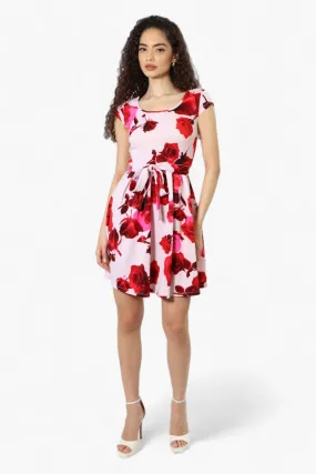 Limite Belted Floral Cap Sleeve Day Dress - Pink