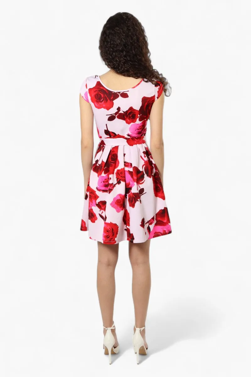 Limite Belted Floral Cap Sleeve Day Dress - Pink