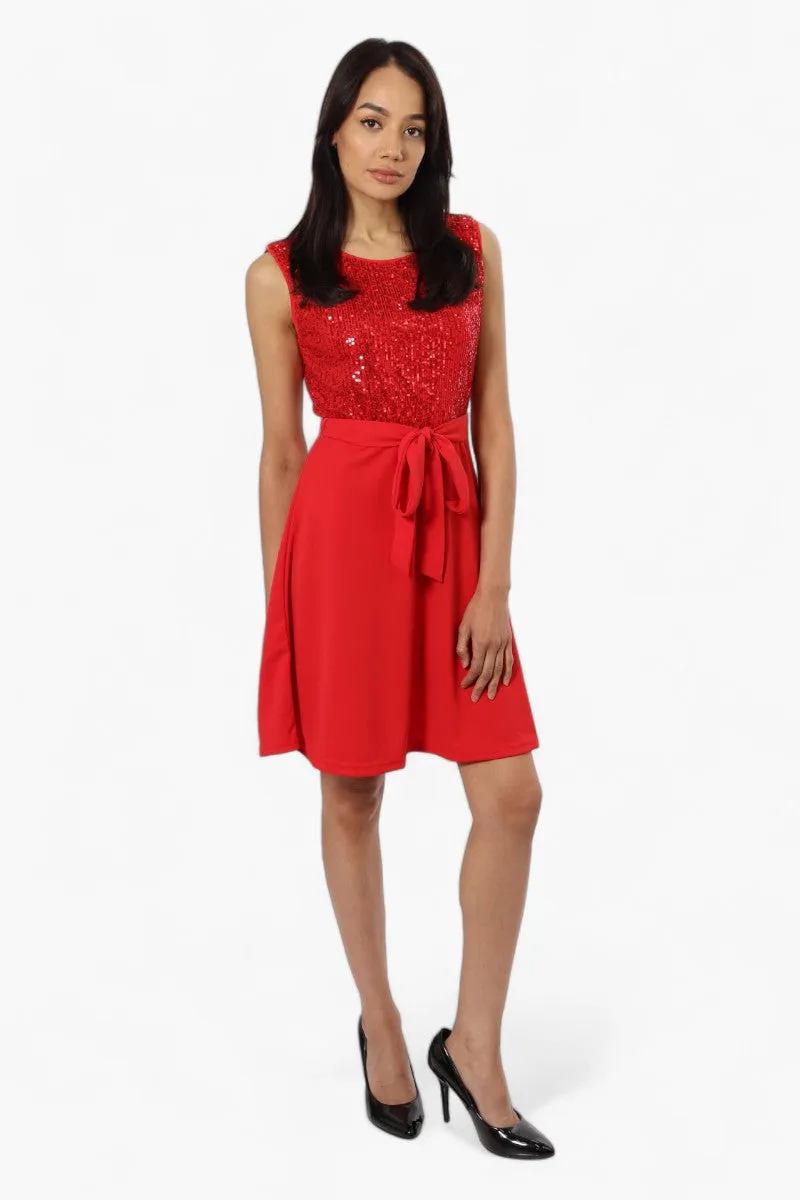 Limite Belted Sequin Top Skater Day Dress - Red