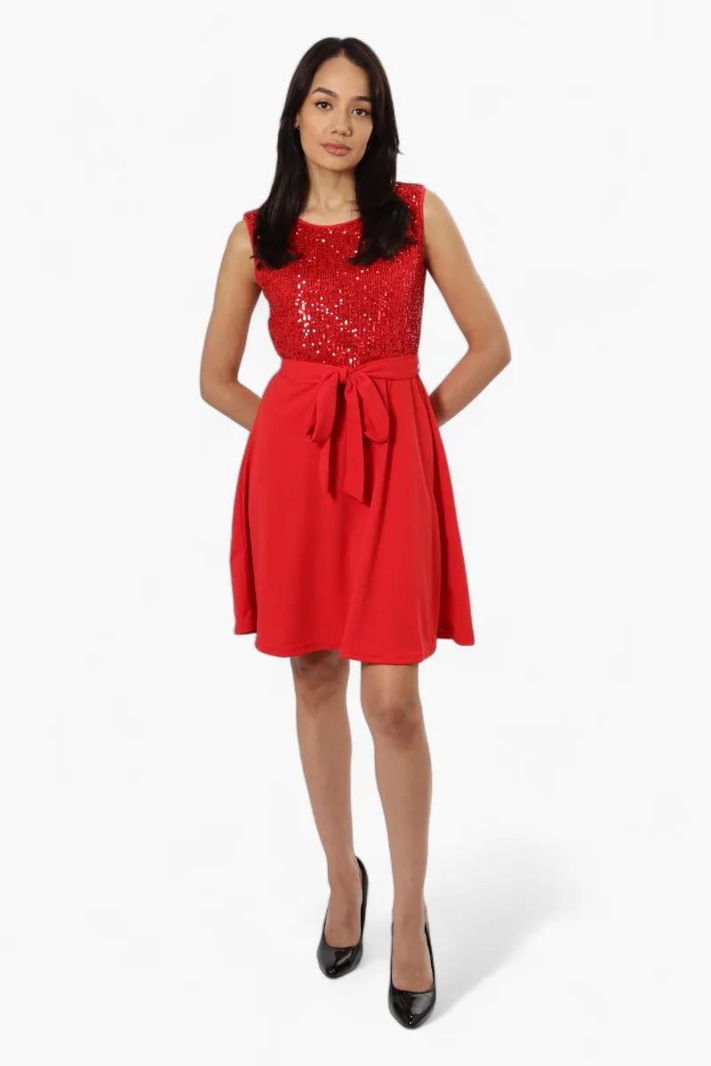 Limite Belted Sequin Top Skater Day Dress - Red