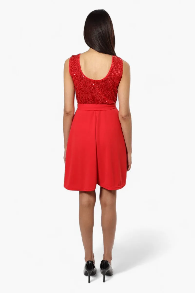 Limite Belted Sequin Top Skater Day Dress - Red