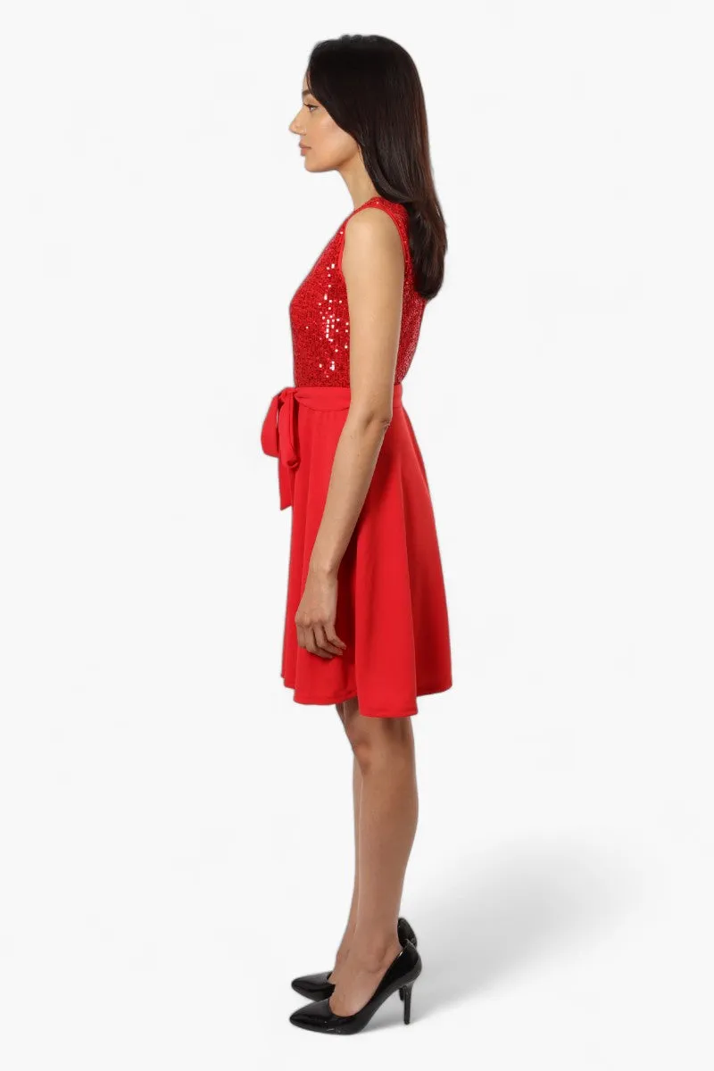 Limite Belted Sequin Top Skater Day Dress - Red