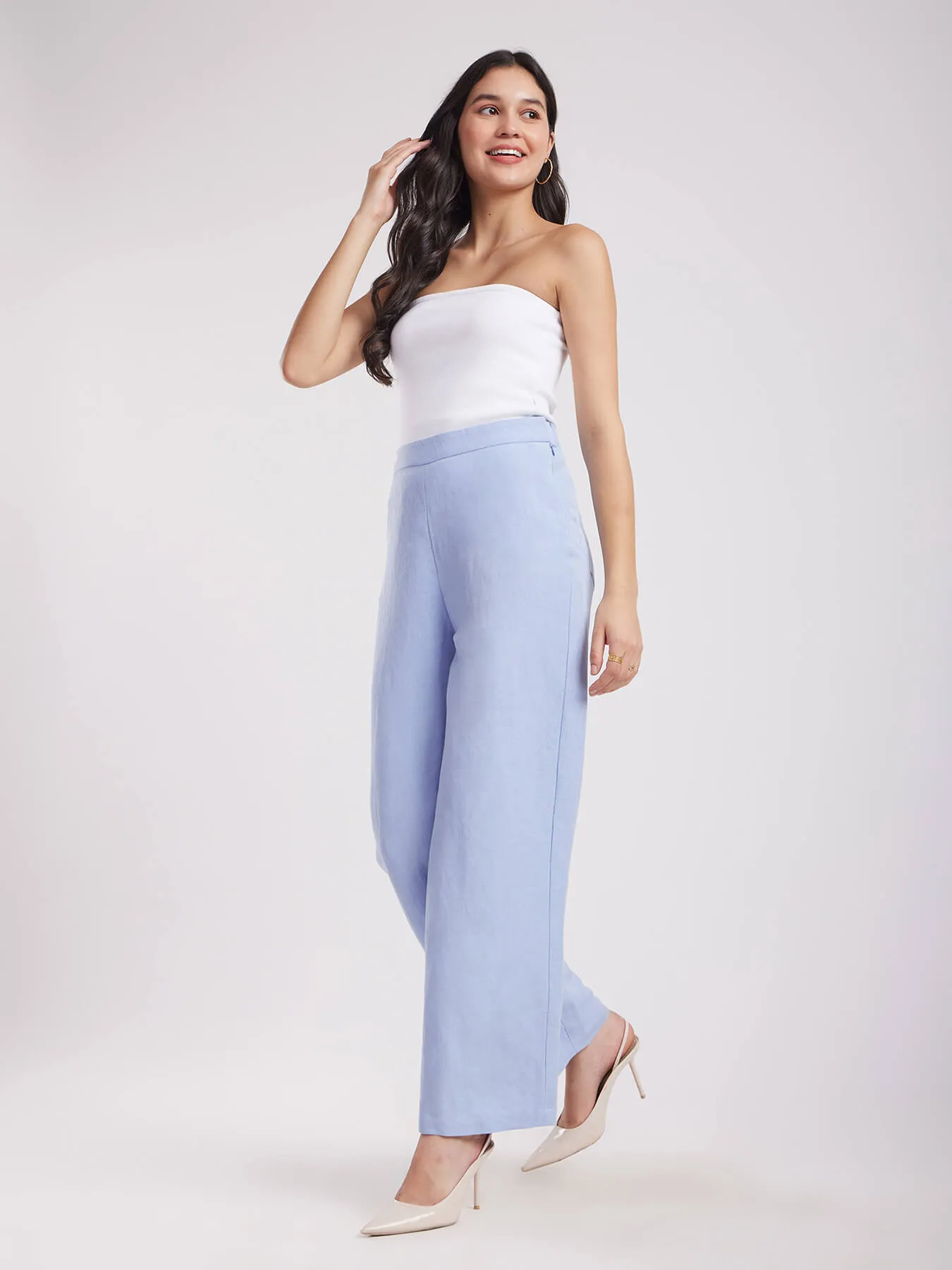 Linen Elasticated Wide Leg Trouser - Light Blue