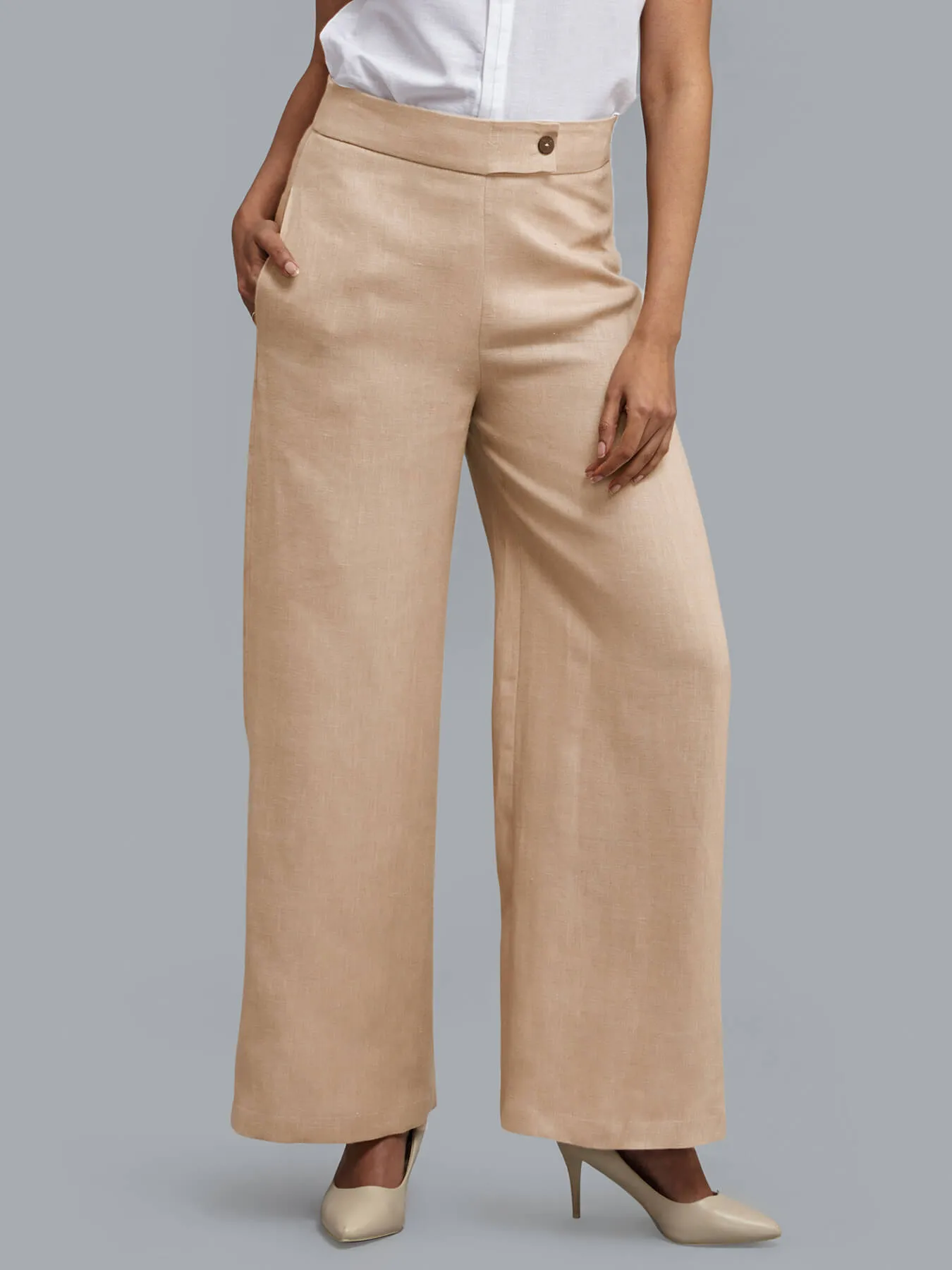 Linen Wide Leg Trousers - Pale Beige