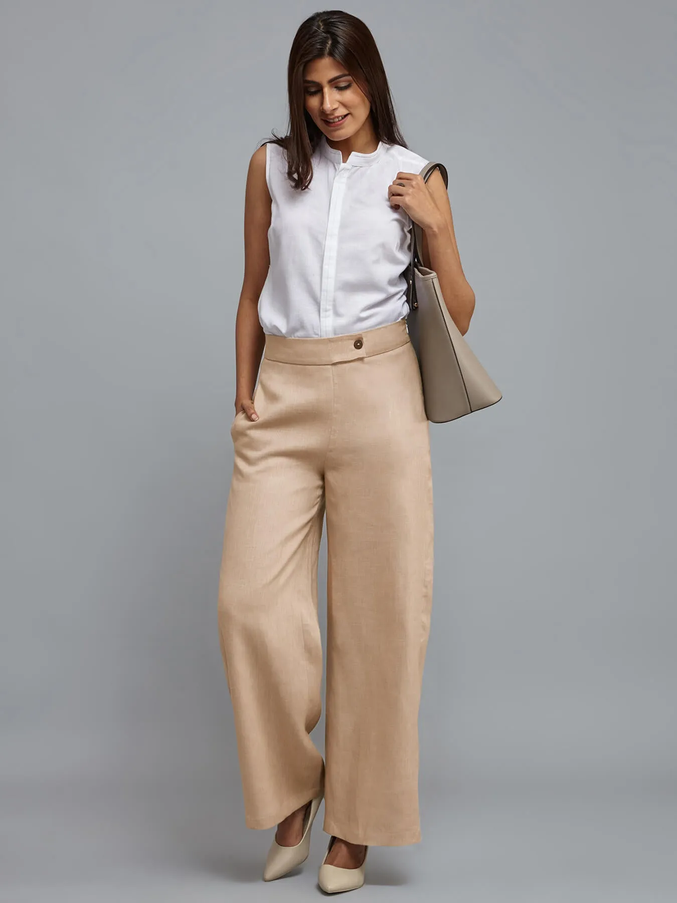 Linen Wide Leg Trousers - Pale Beige