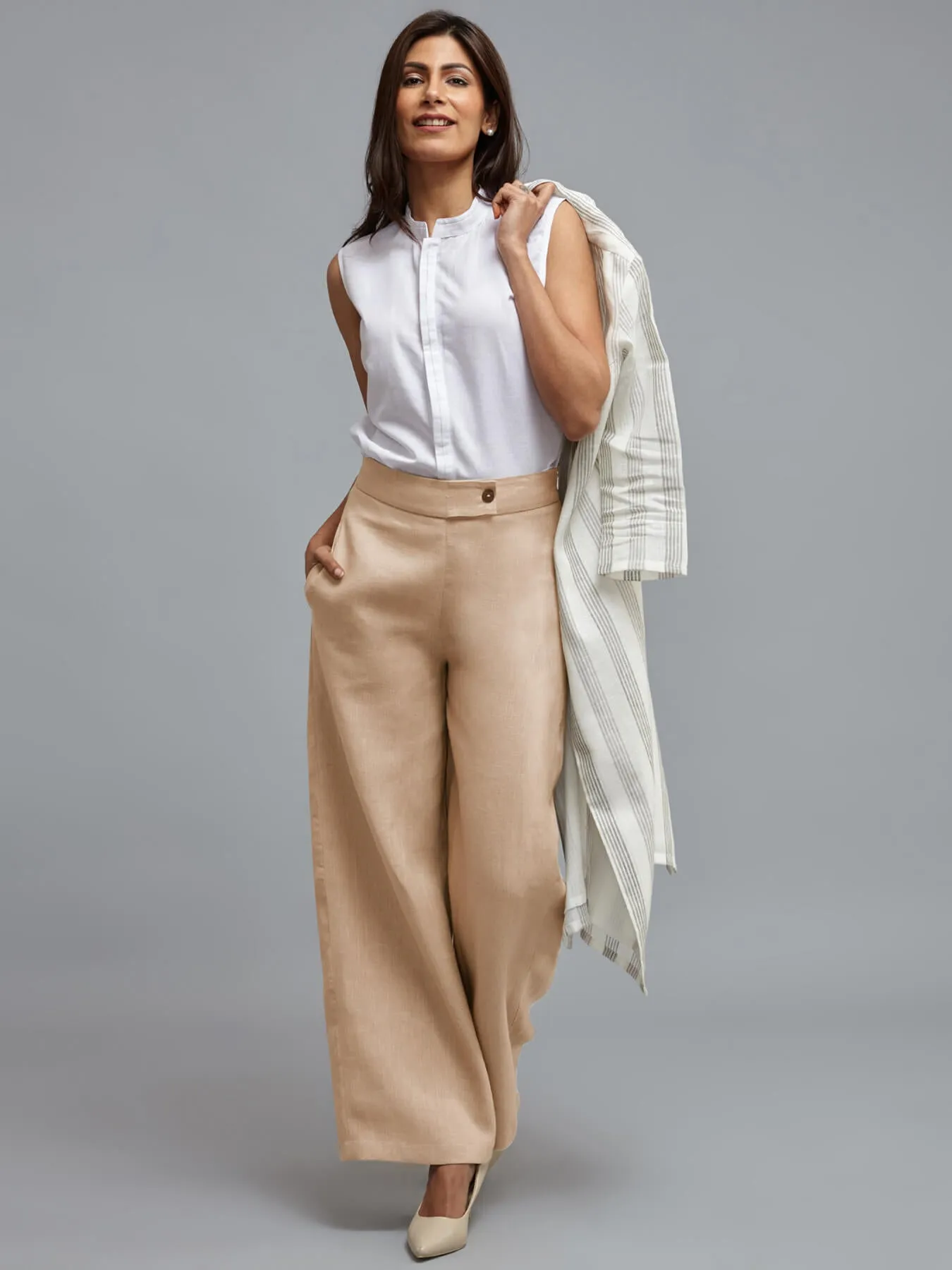 Linen Wide Leg Trousers - Pale Beige