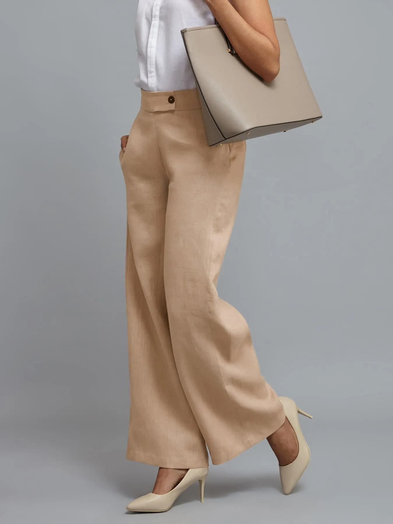 Linen Wide Leg Trousers - Pale Beige