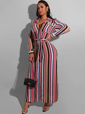 Long Sleeve Striped Lace Up Maxi Dresses