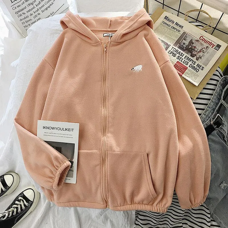 Loose Plush Zip-Up Animal Pattern Hoodie