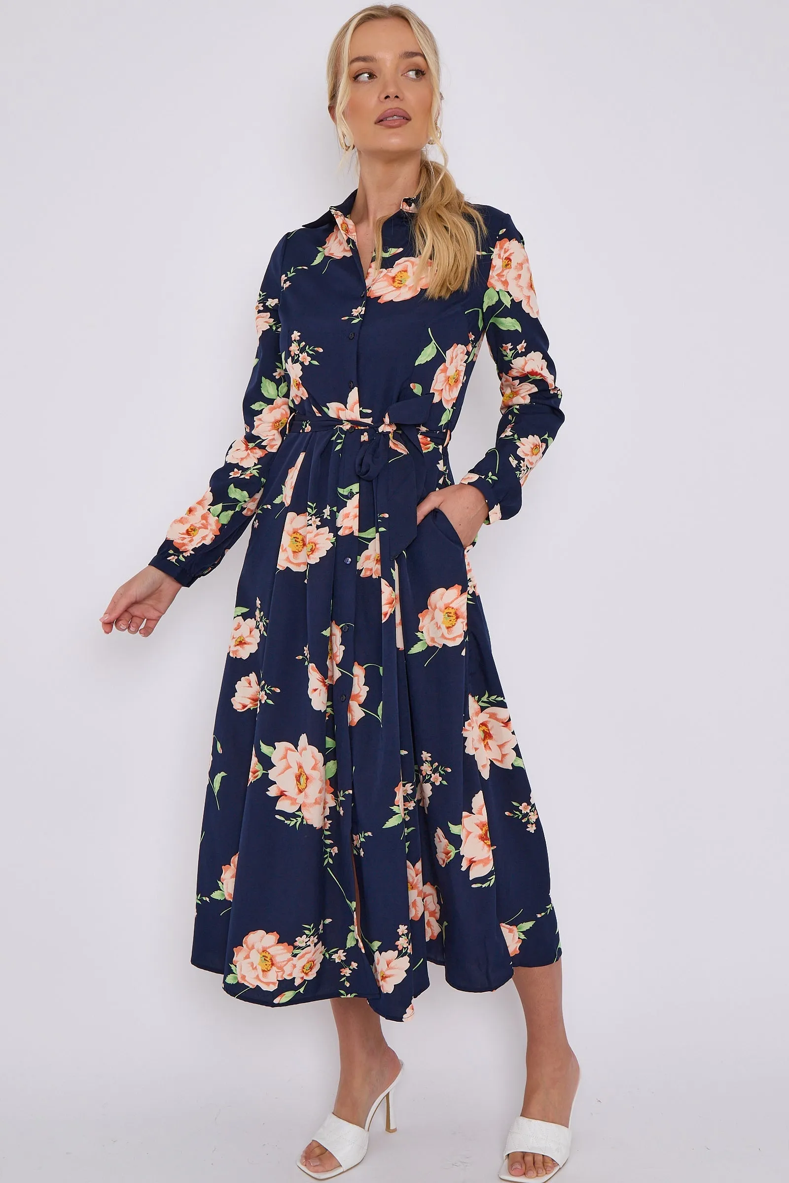 LOVE SUNSHINE Navy Floral Print Midaxi Shirt Dress