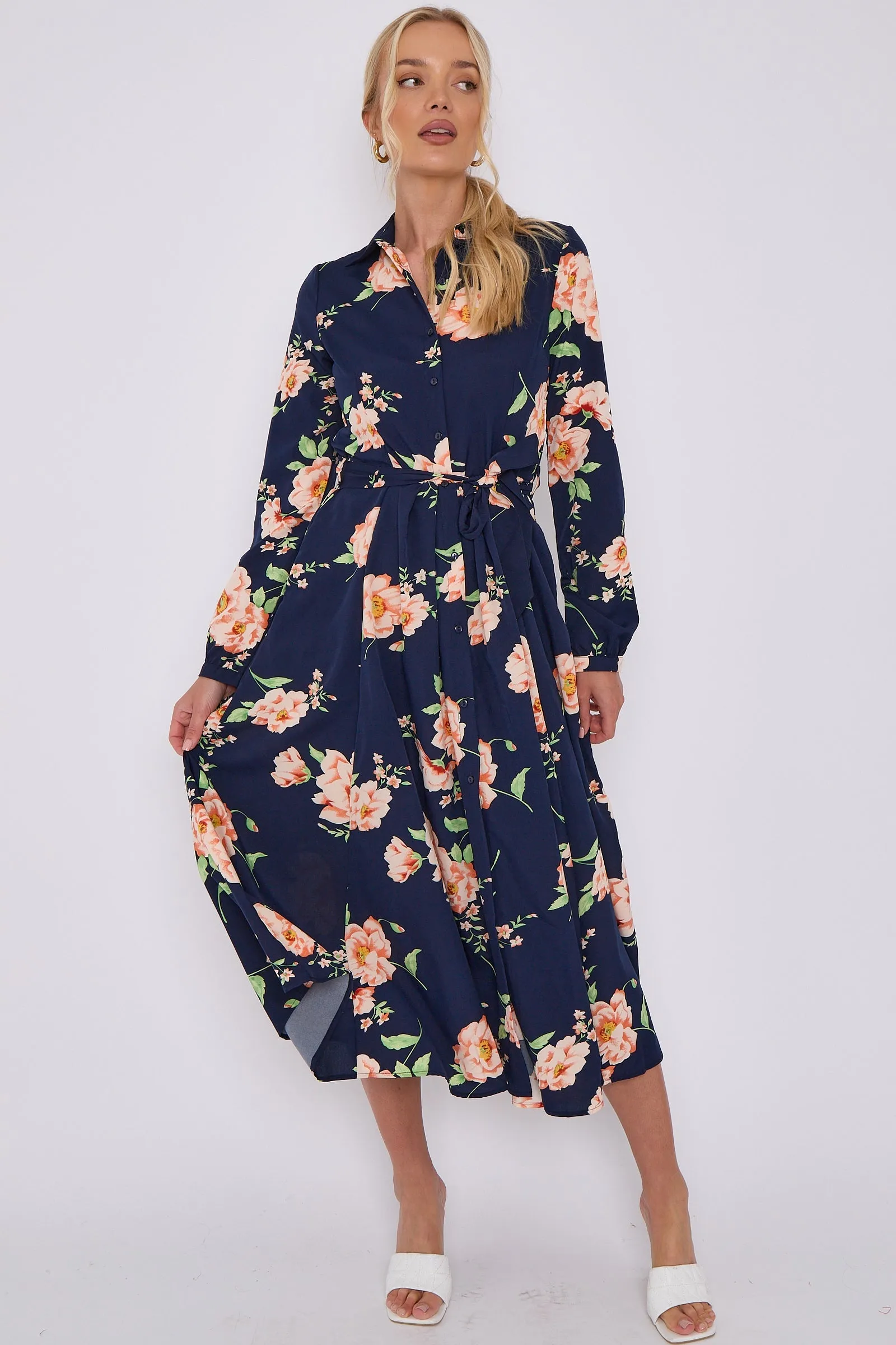 LOVE SUNSHINE Navy Floral Print Midaxi Shirt Dress