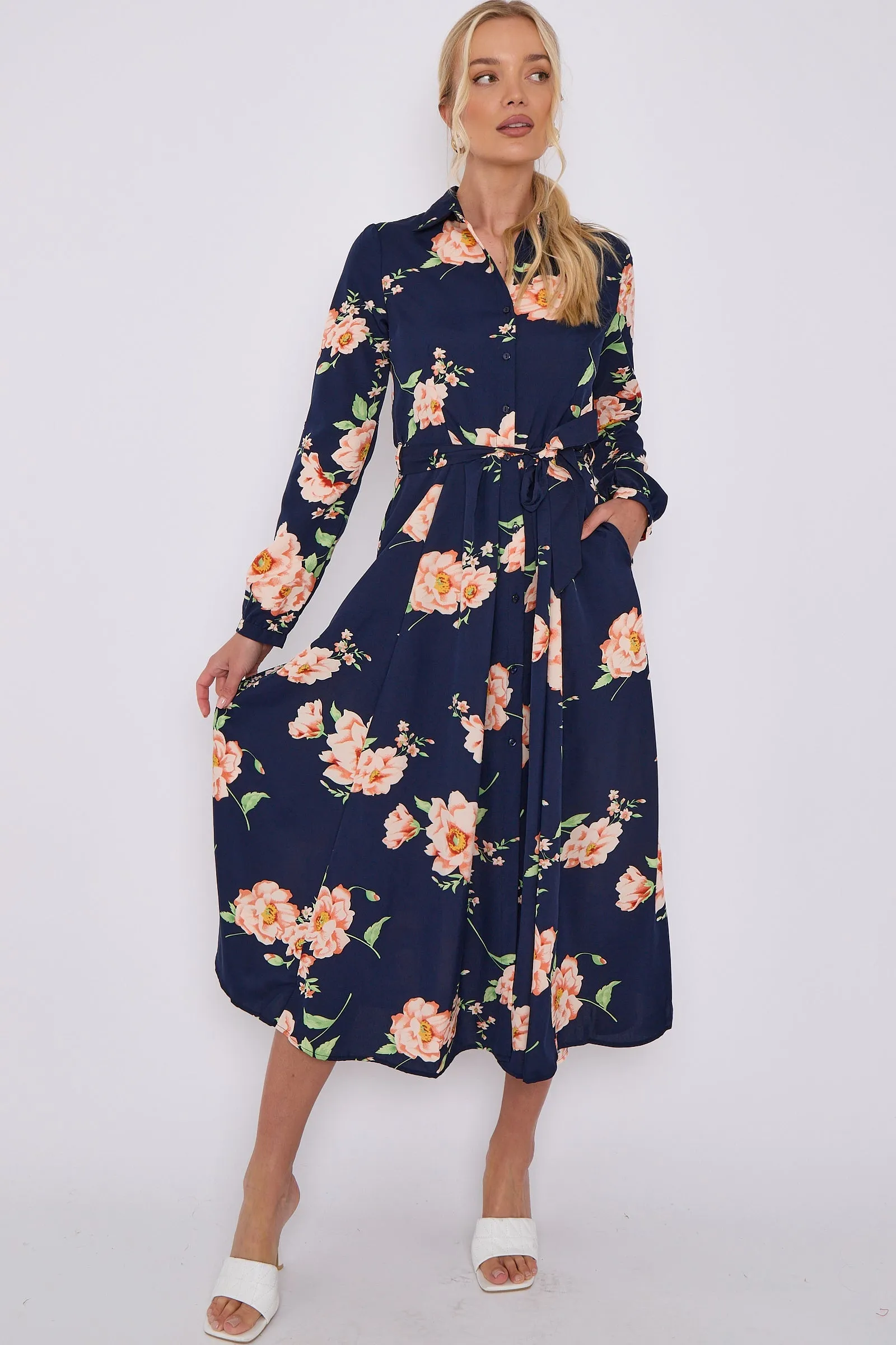 LOVE SUNSHINE Navy Floral Print Midaxi Shirt Dress