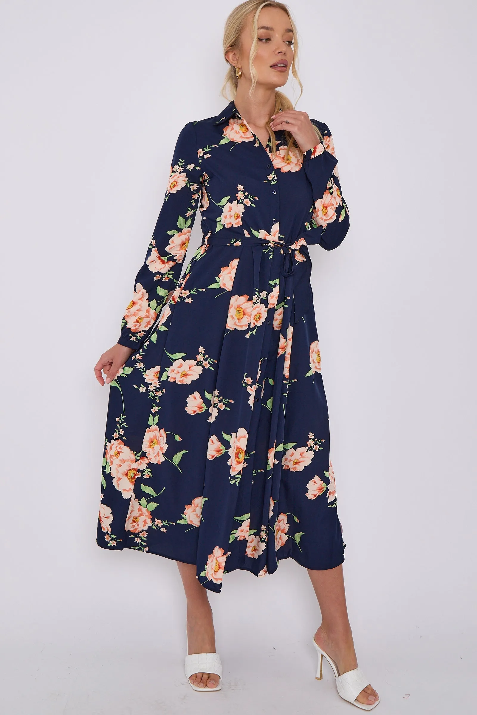 LOVE SUNSHINE Navy Floral Print Midaxi Shirt Dress