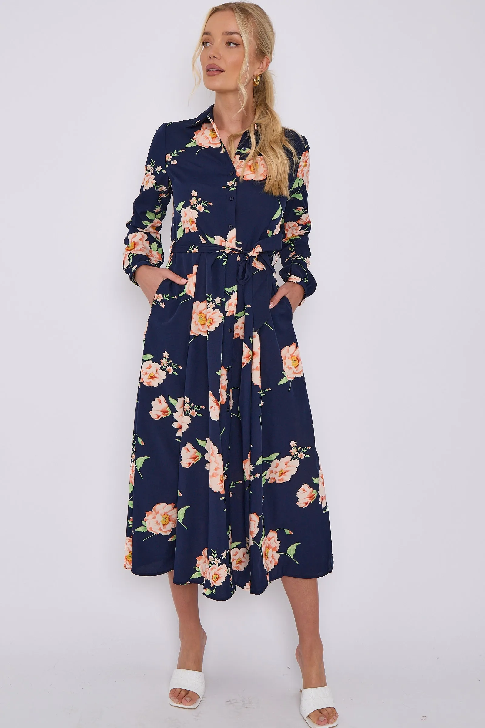 LOVE SUNSHINE Navy Floral Print Midaxi Shirt Dress