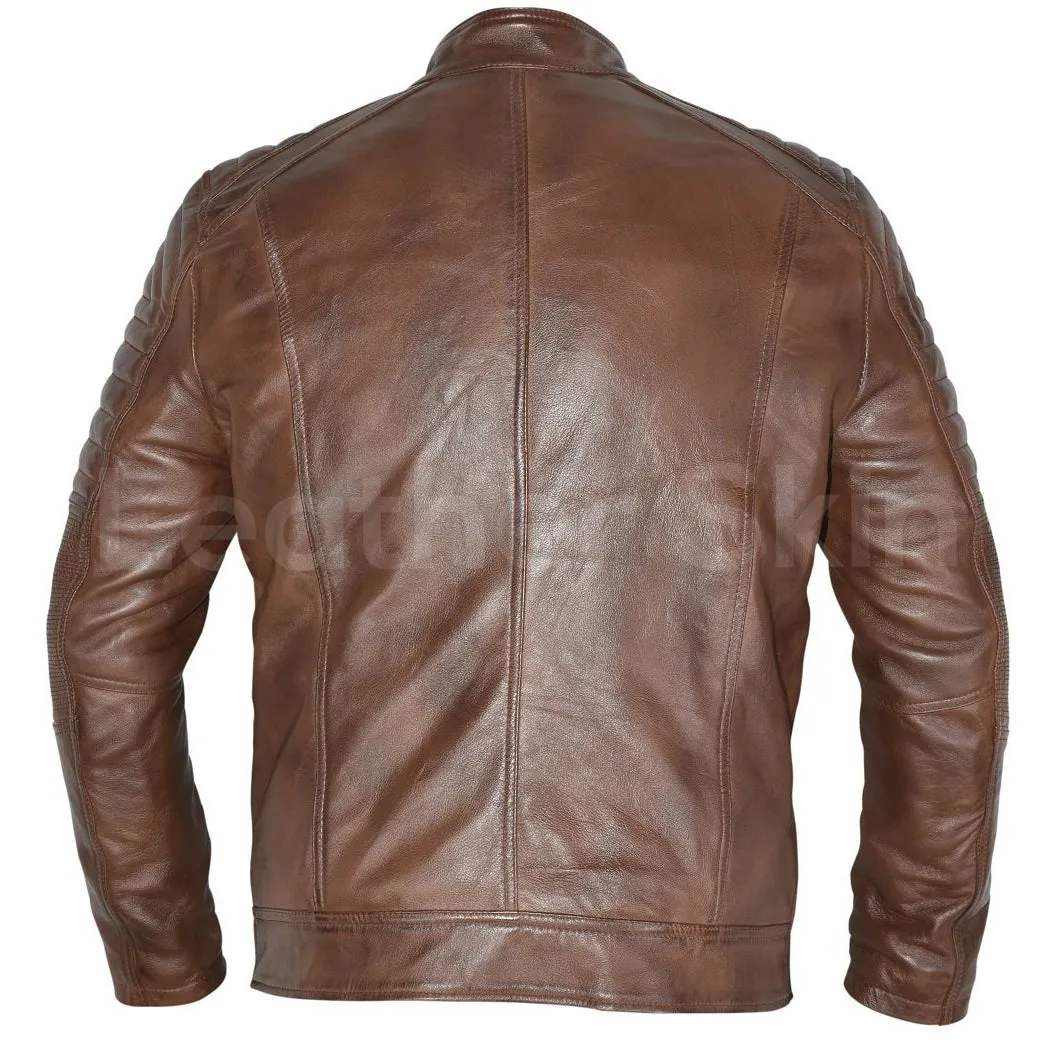 Mens Biker Vintage Motorcycle Cafe Racer Distressed Brown Real Leather Jacket