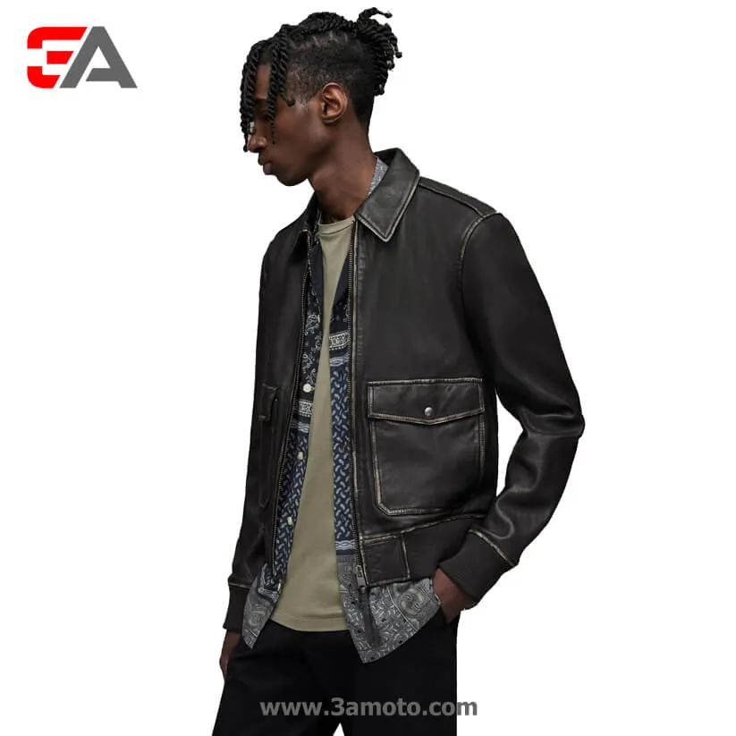 Men's Distressed Black Leather Bomber Harrington Jacket