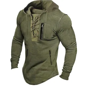 Men's Hoodie Solid Color Tied Zipper Pocket Sports Street Sweatshirt