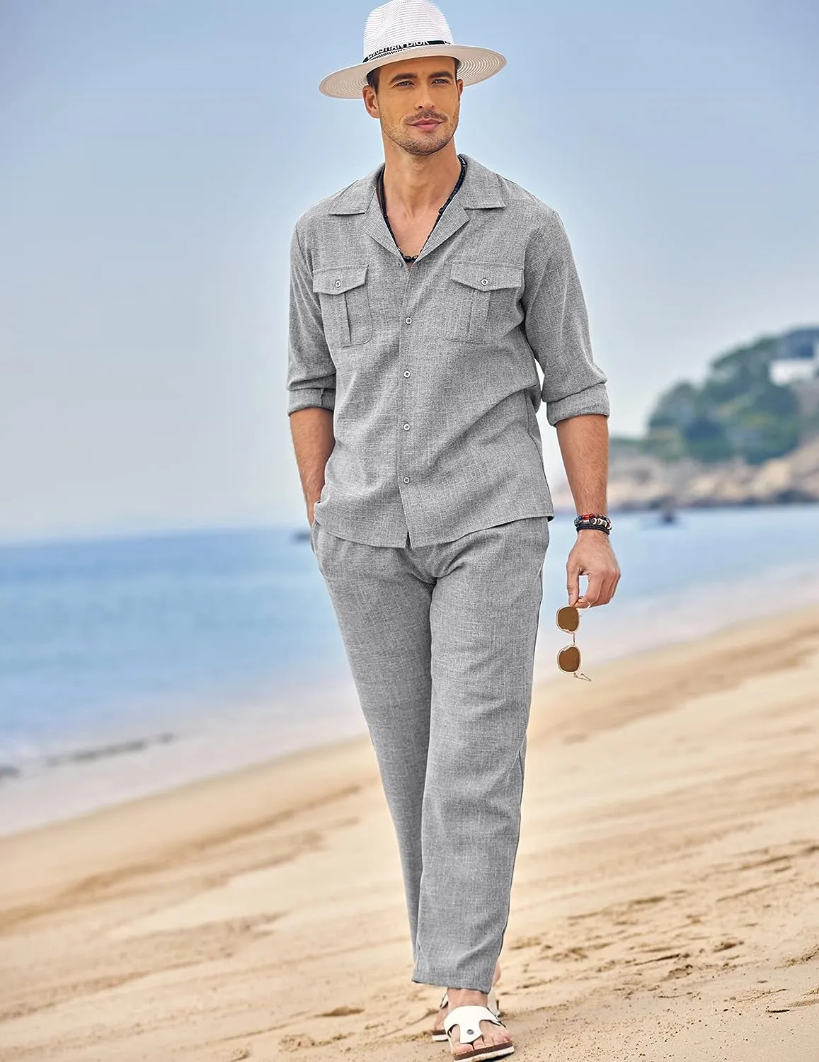 Men's Island Beige Linen Short Sleeve Shirt & Pants Set