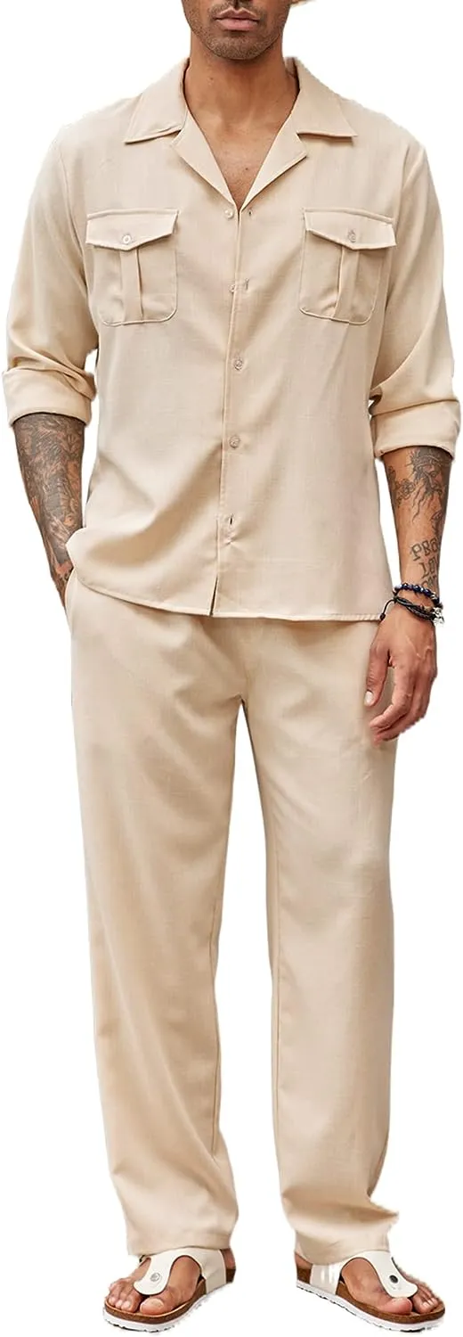 Men's Island Beige Linen Short Sleeve Shirt & Pants Set