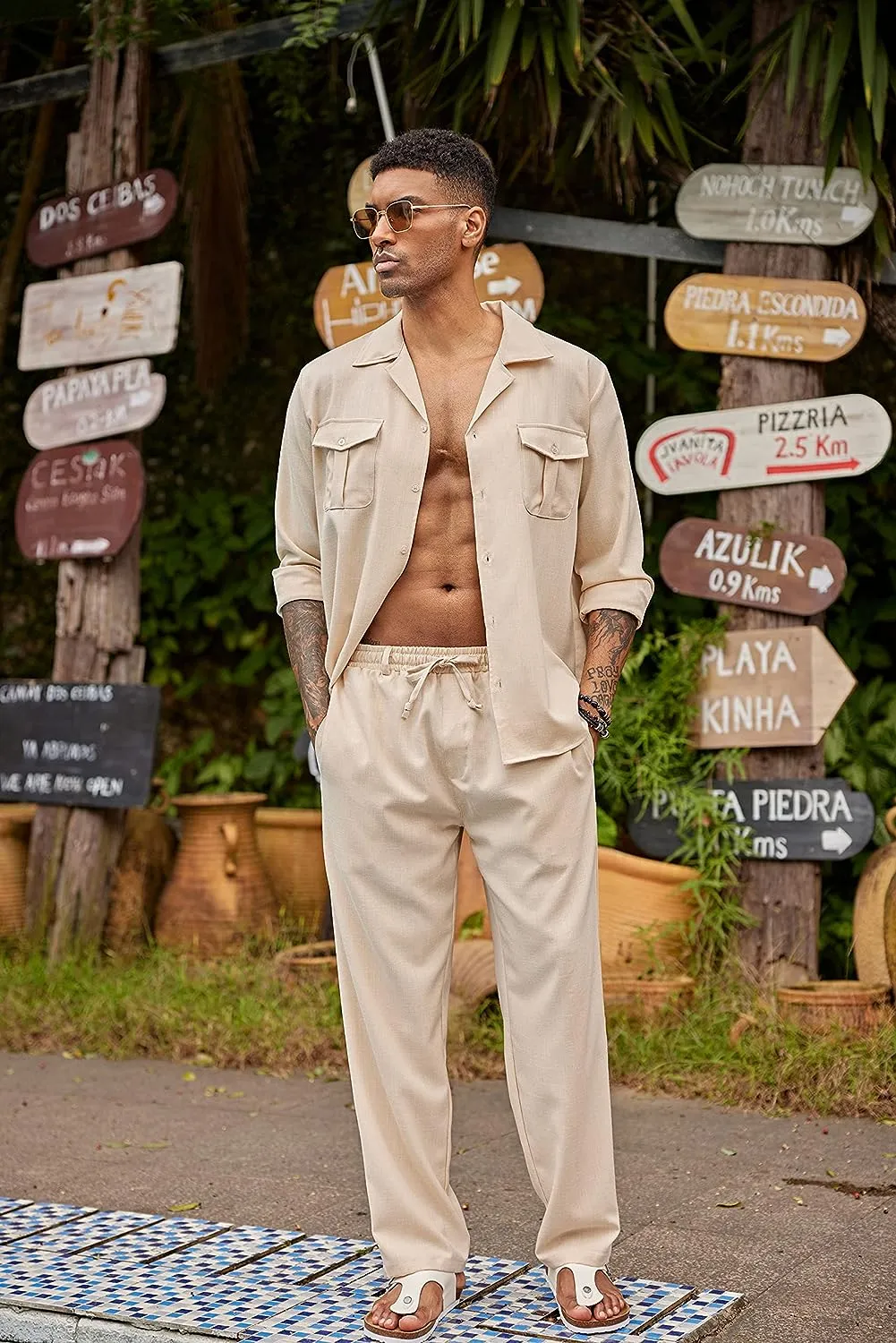 Men's Island Beige Linen Short Sleeve Shirt & Pants Set