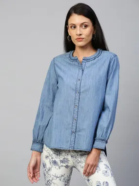 Mid Wash Blue, Light Weight Denim Full Sleeved Shirt With Frill Detailing Around Collar & Cuff