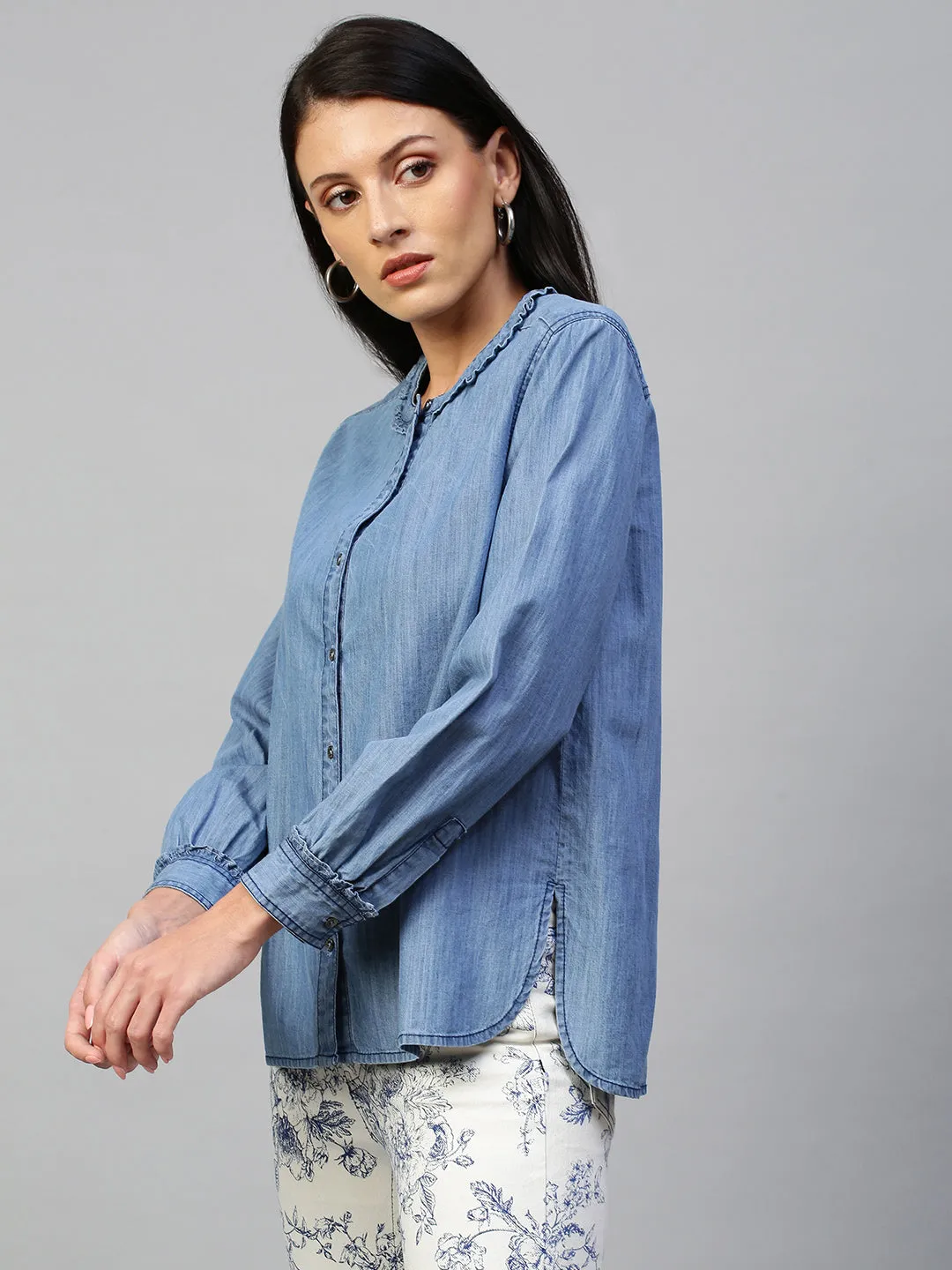 Mid Wash Blue, Light Weight Denim Full Sleeved Shirt With Frill Detailing Around Collar & Cuff