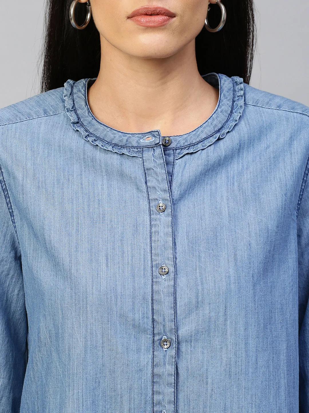 Mid Wash Blue, Light Weight Denim Full Sleeved Shirt With Frill Detailing Around Collar & Cuff