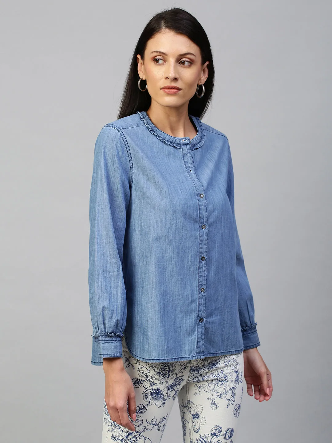 Mid Wash Blue, Light Weight Denim Full Sleeved Shirt With Frill Detailing Around Collar & Cuff