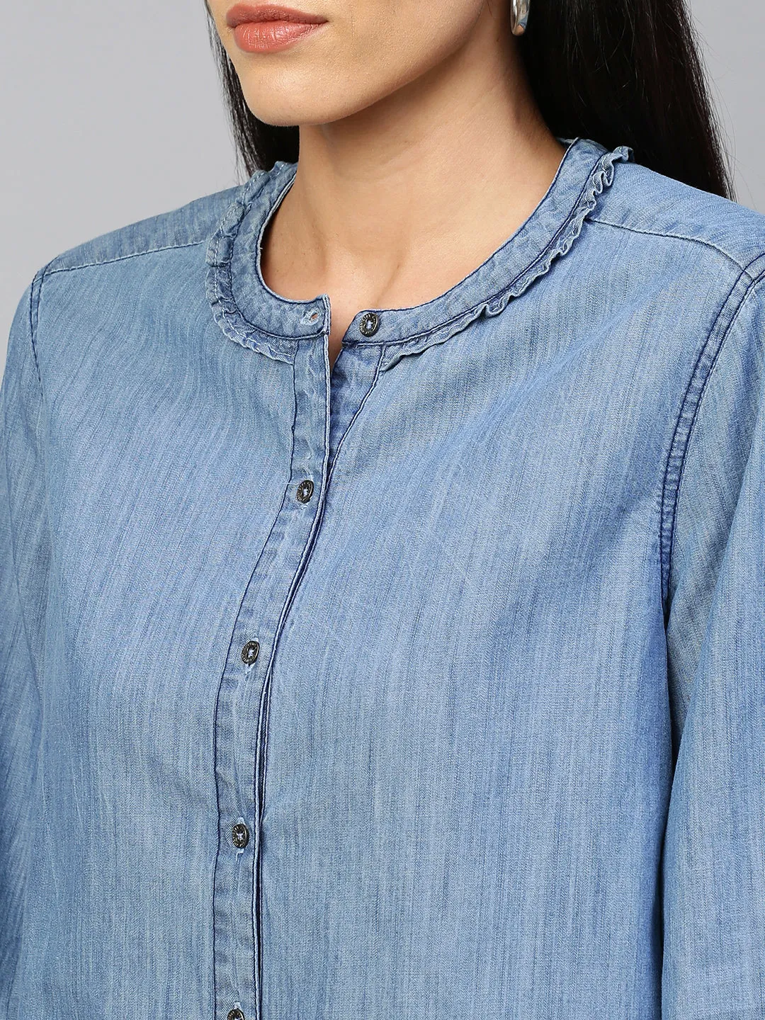 Mid Wash Blue, Light Weight Denim Full Sleeved Shirt With Frill Detailing Around Collar & Cuff