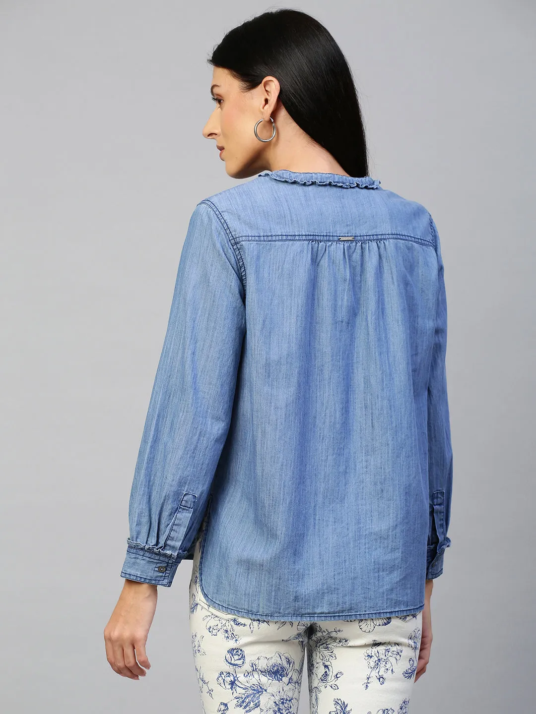 Mid Wash Blue, Light Weight Denim Full Sleeved Shirt With Frill Detailing Around Collar & Cuff