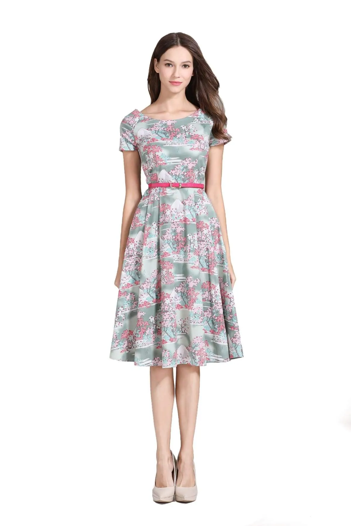 Mount Fuji Pink Cherry Blossom Japanese Vintage Dress