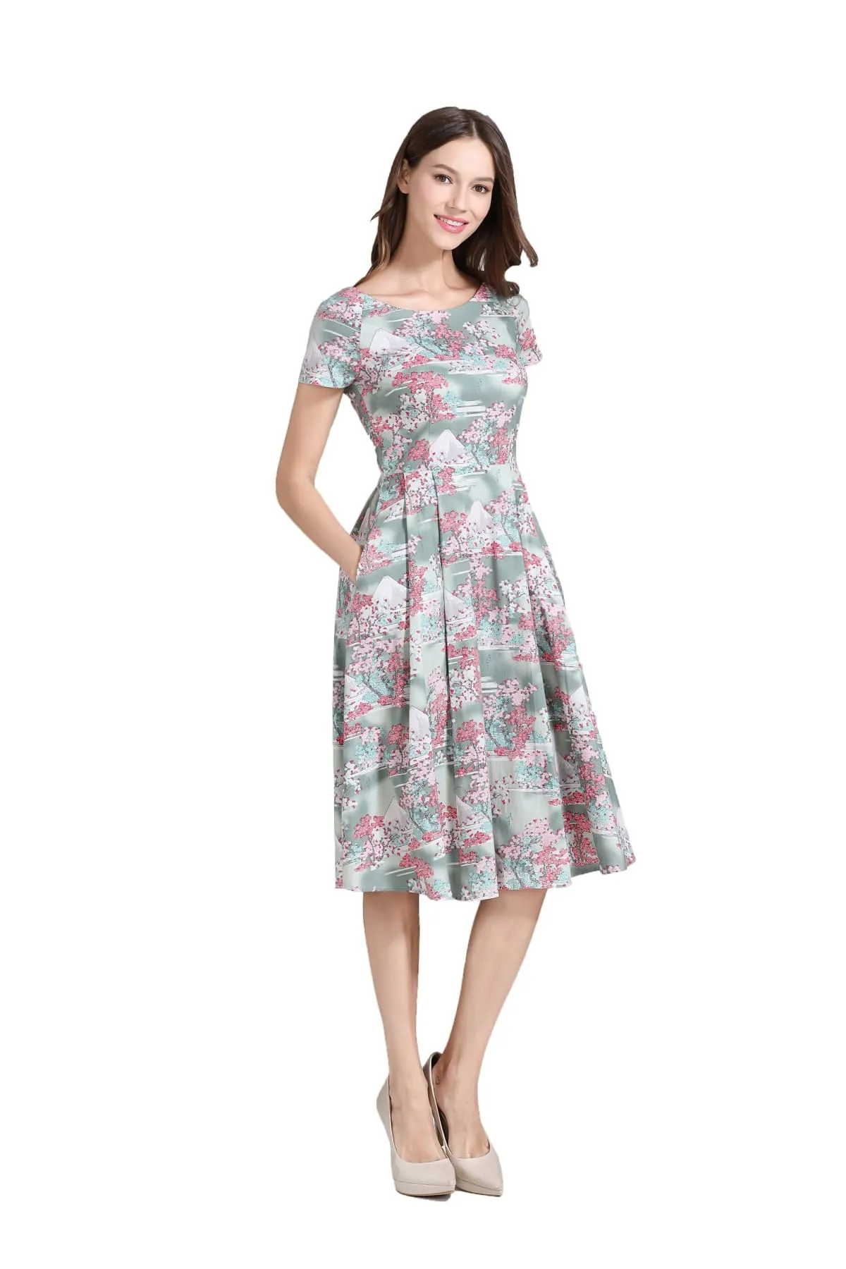 Mount Fuji Pink Cherry Blossom Japanese Vintage Dress