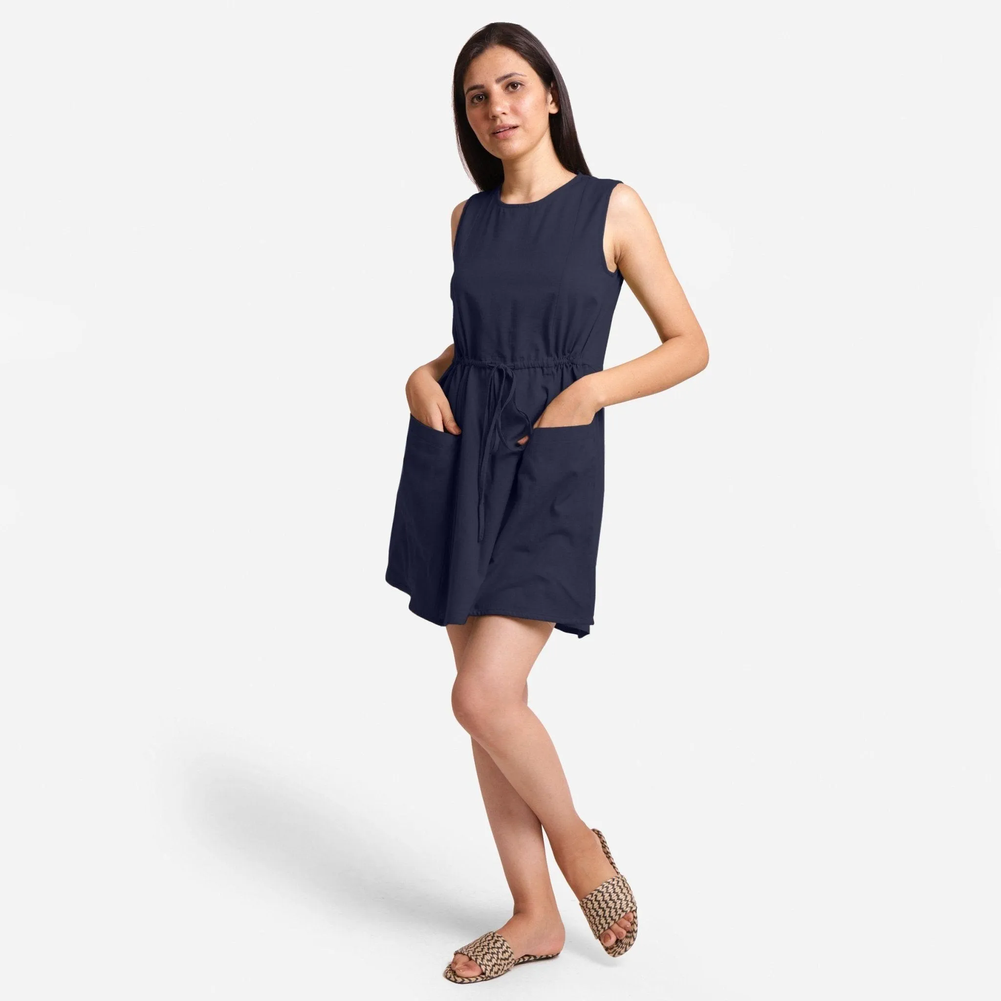 Navy Blue Cotton Flax Princess Line Short Dress