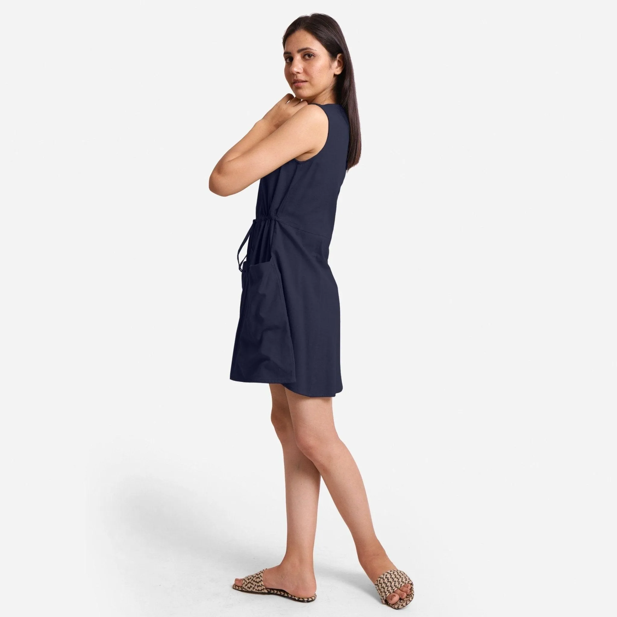 Navy Blue Cotton Flax Princess Line Short Dress