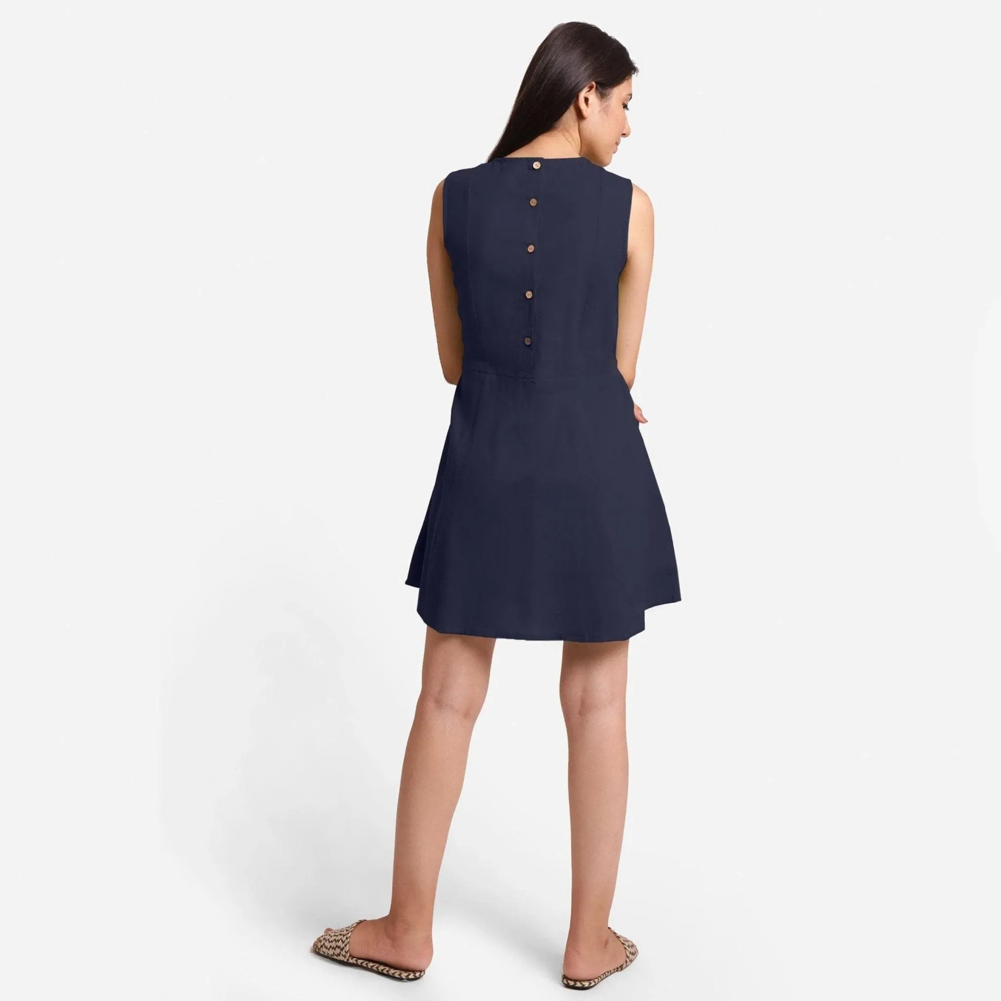 Navy Blue Cotton Flax Princess Line Short Dress