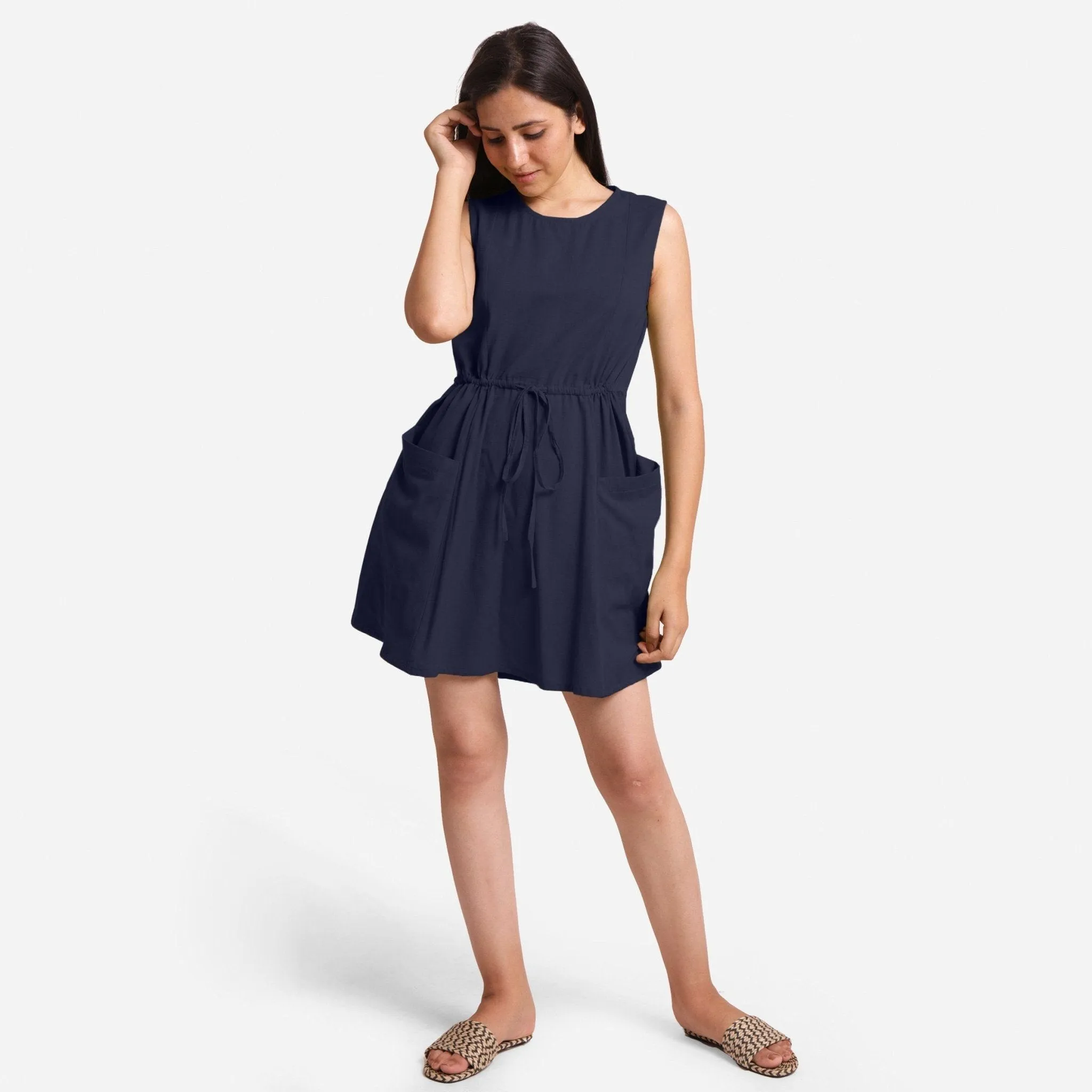 Navy Blue Cotton Flax Princess Line Short Dress