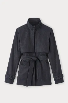 NAVY BLUE Short Denim Trench Coat with Belted Cuffs