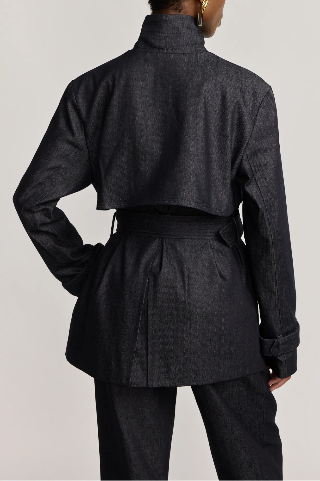 NAVY BLUE Short Denim Trench Coat with Belted Cuffs