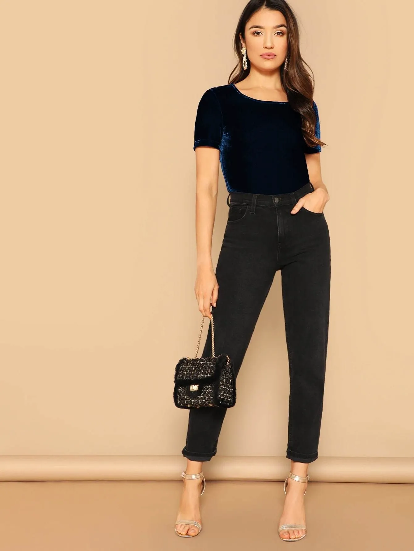 Navy Blue Scoop Neck Velvet Top