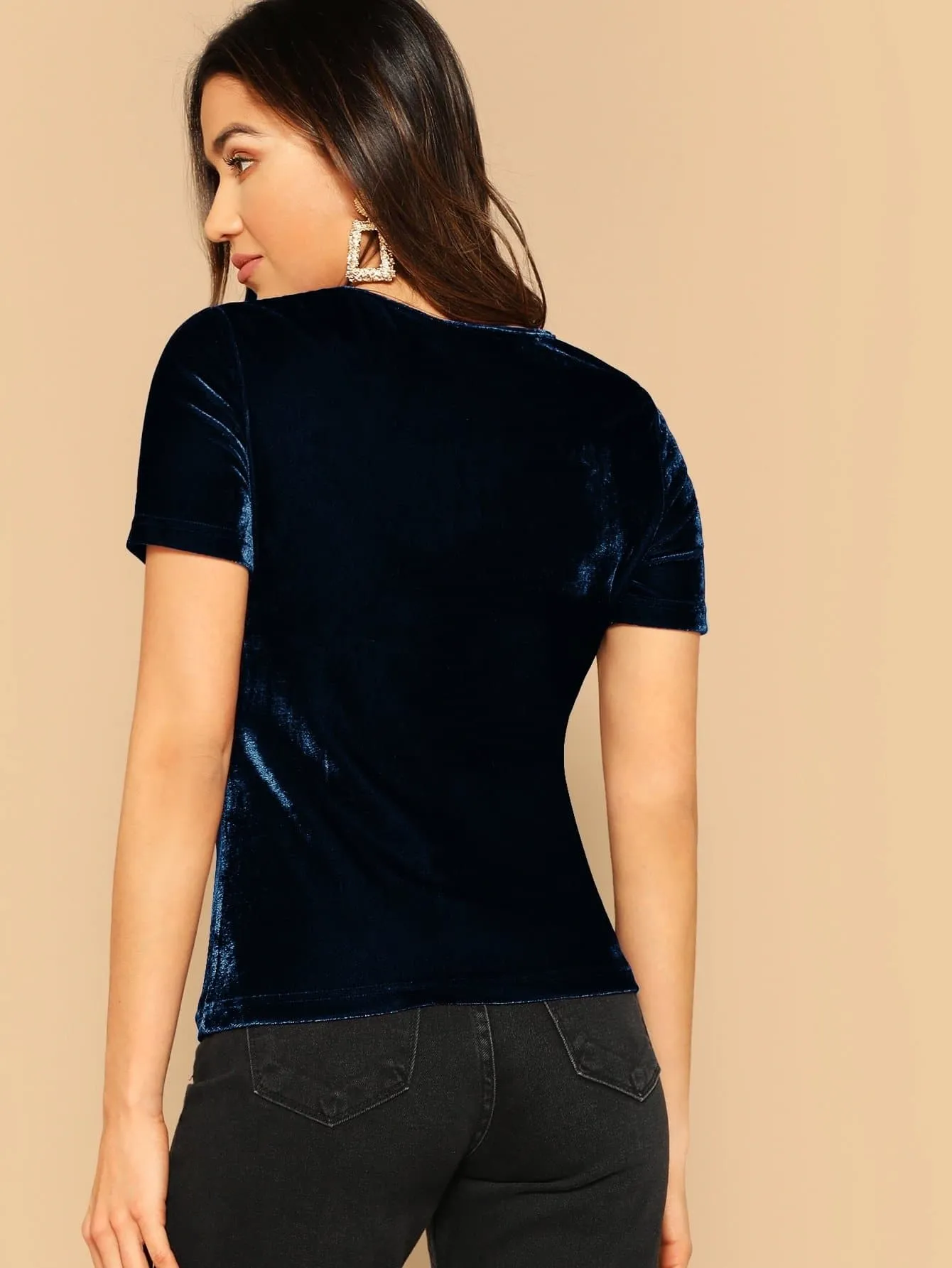 Navy Blue Scoop Neck Velvet Top