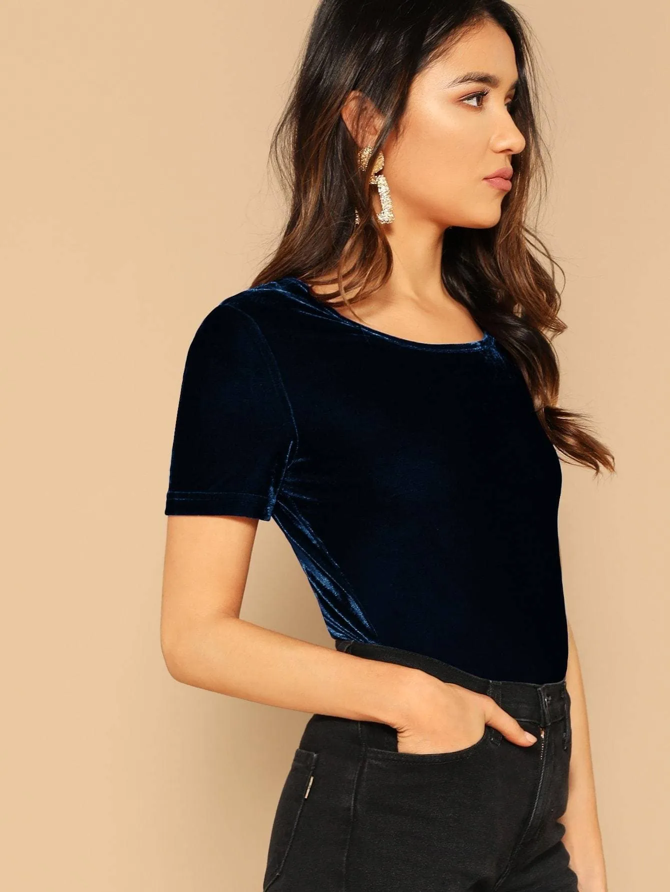 Navy Blue Scoop Neck Velvet Top