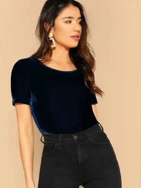 Navy Blue Scoop Neck Velvet Top