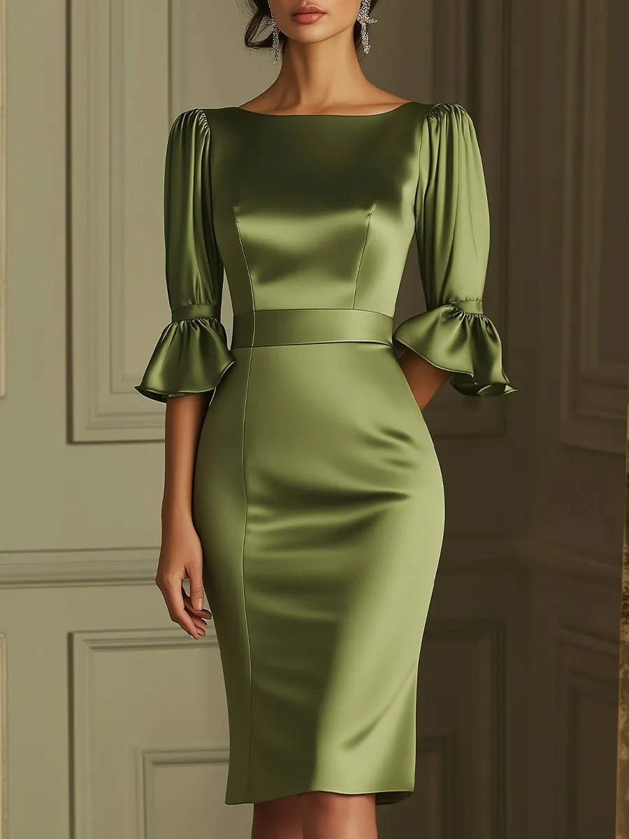 Olive Green Satin Midi Dress with Flared Sleeves and Fitted Waist