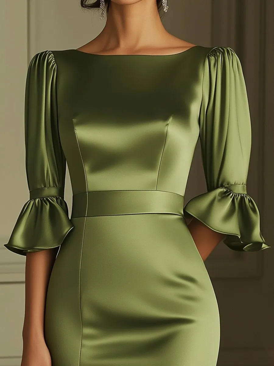 Olive Green Satin Midi Dress with Flared Sleeves and Fitted Waist