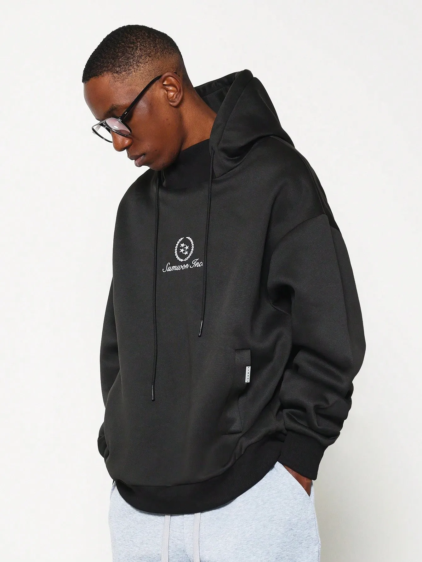 Oversized Side Pocket Hoodie With Layered Neck Rib & Embroidery