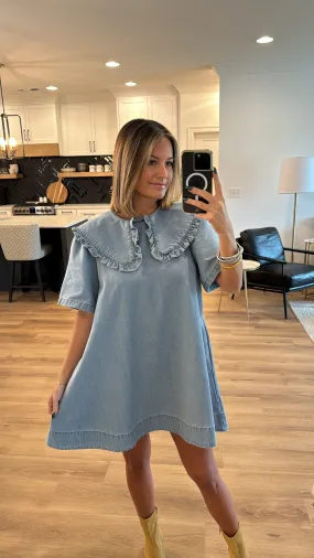 Peter Pan Collar Denim Mini Dress, Light Denim