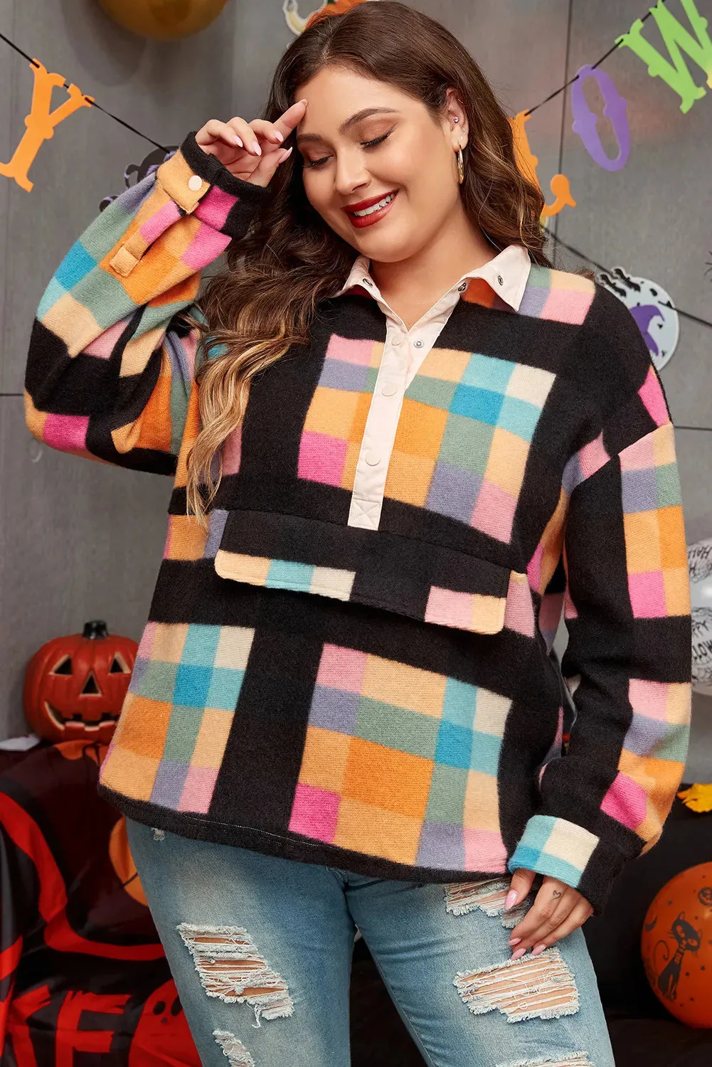 Plus Size Color Block Half Snap Long Sleeve Sweatshirt