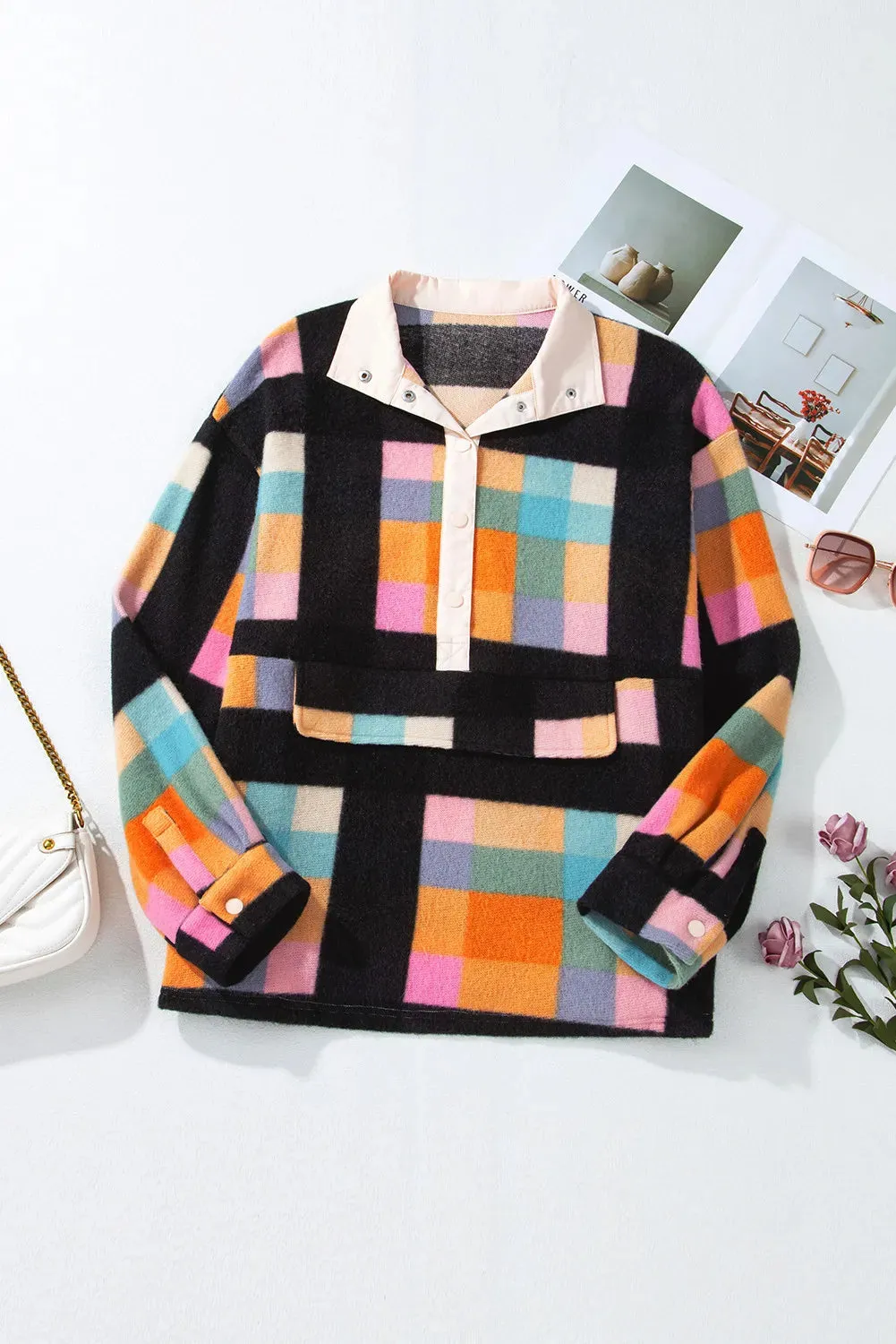 Plus Size Color Block Half Snap Long Sleeve Sweatshirt