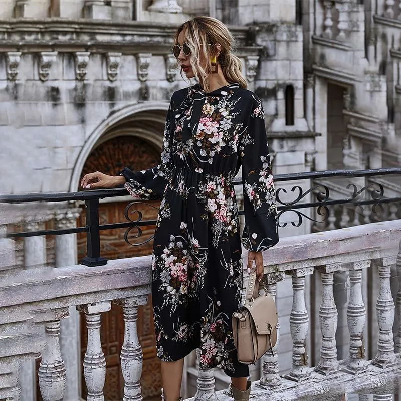 Puff Sleeve Autumn Winter Floral Dress