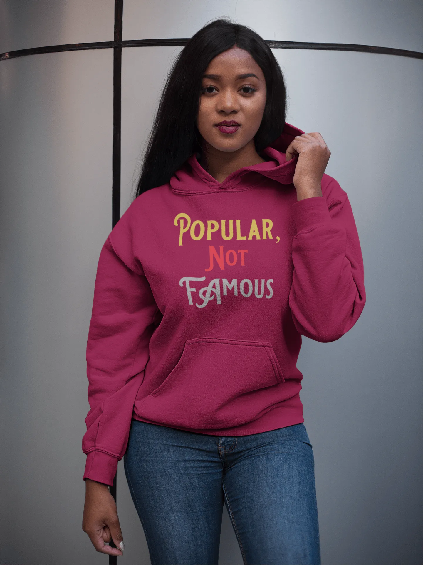 Pullover Style Graphic Hoodie w/ “Popular Not Famous” Design